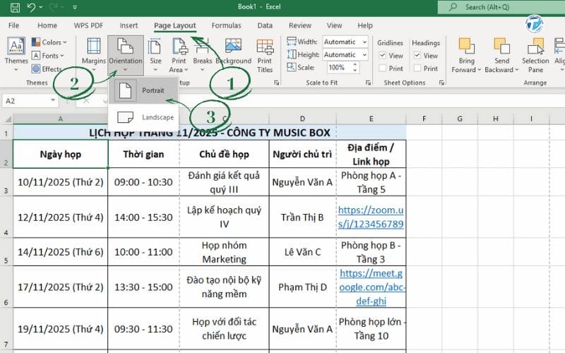 Hình ảnh in dọc vừa trang giấy A4 trong Excel bước 1 - Orientation → Portrait 